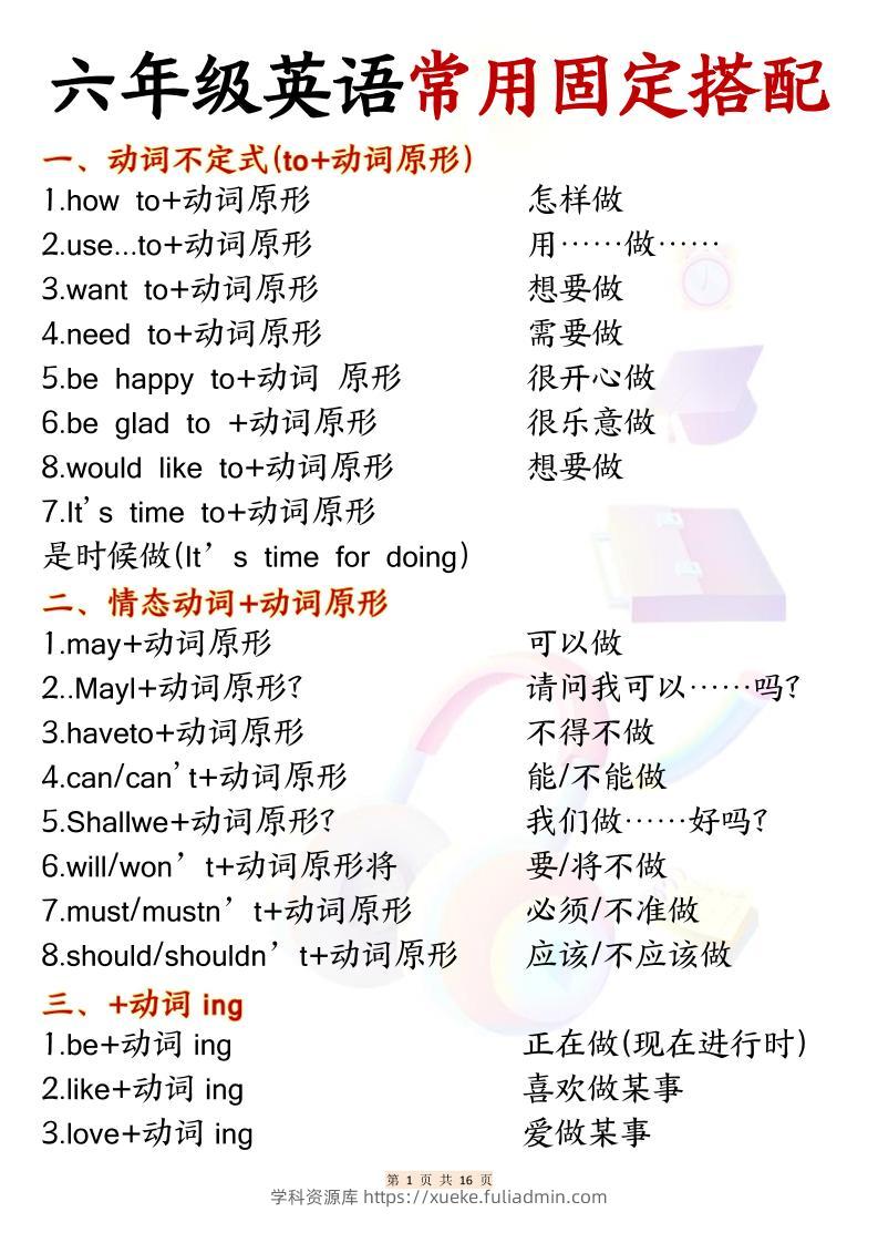 六年级上英语常用固定搭配-学科资源库