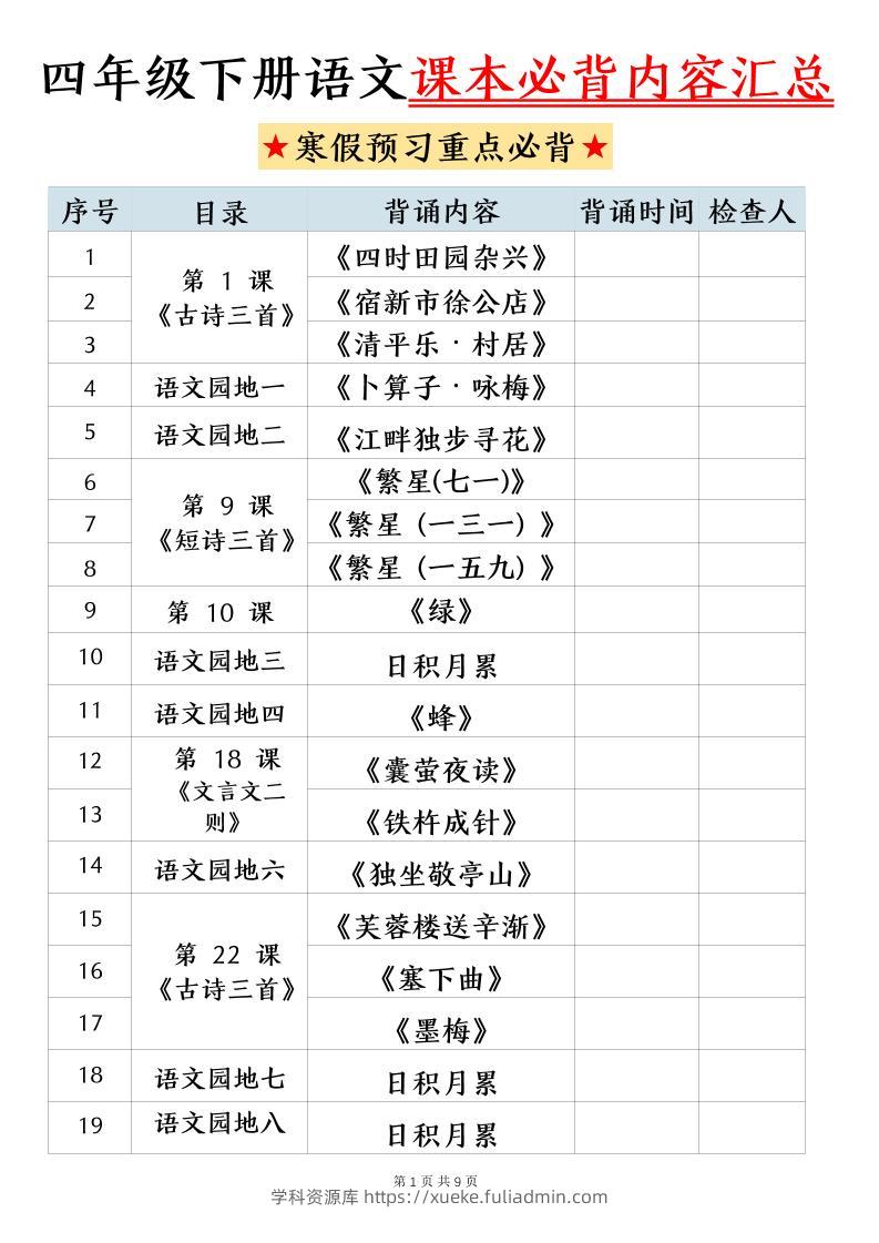 四下语文寒假预习课本必背内容汇总（9页）-学科资源库