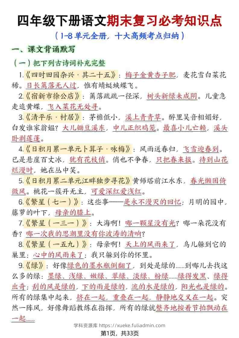 四年级下语文期末复习必考知识点（十大高频考点归纳）-学科资源库