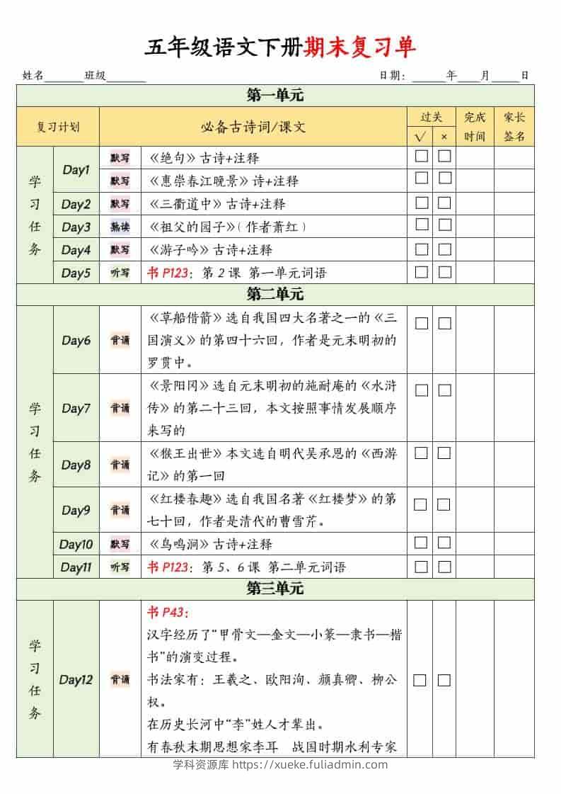 五年级下语文期末复习单-学科资源库