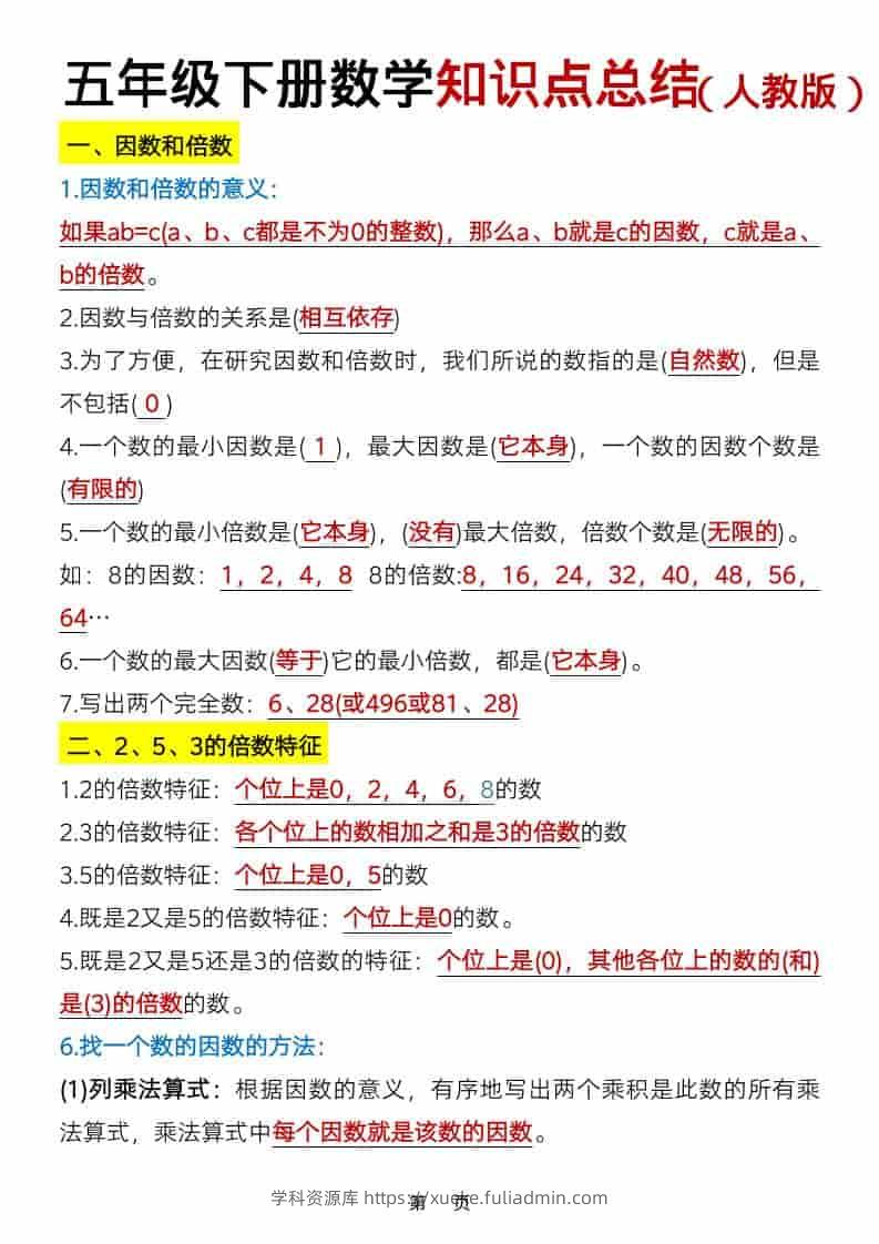 五年级下数学知识点总结《人教版》-学科资源库