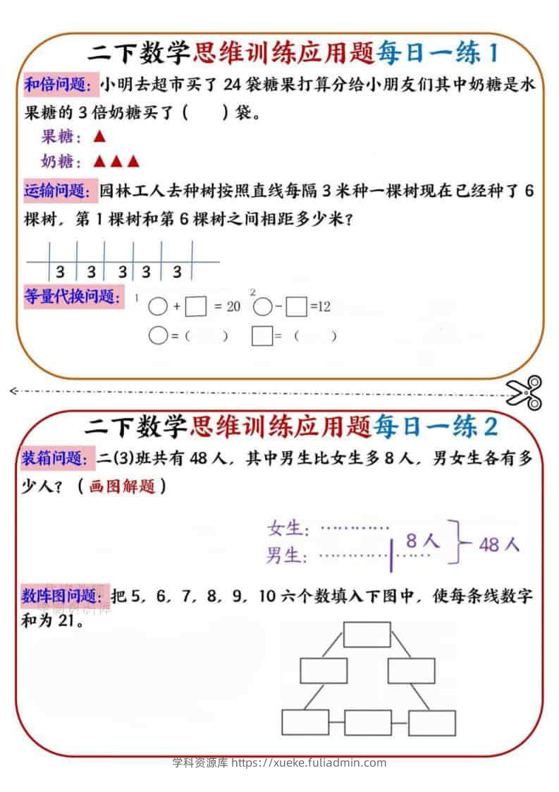 二年级下数学思维训练应用题每日一练小纸条-学科资源库