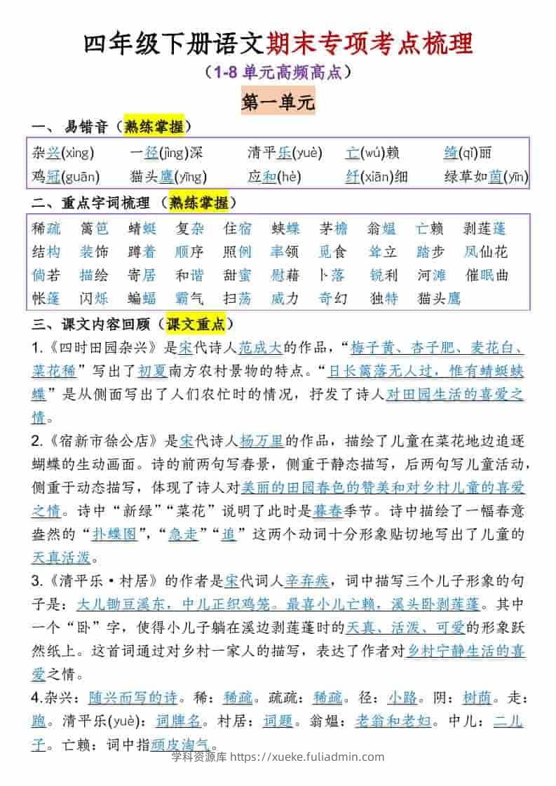 四年级下语文1-8单元专项考点梳理-学科资源库