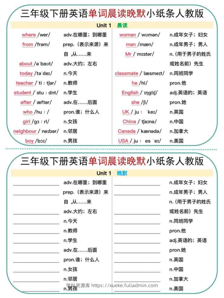 三年级下英语晨读晚默小纸条《人教版》-学科资源库