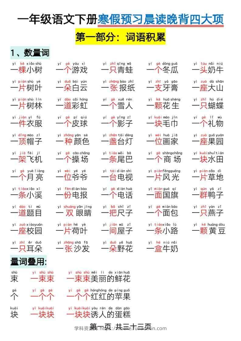 一年级下语文寒假预习-晨读晚背四大项-学科资源库