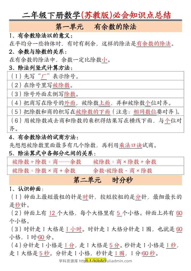 二年级下数学必会知识汇总《苏教版》-学科资源库