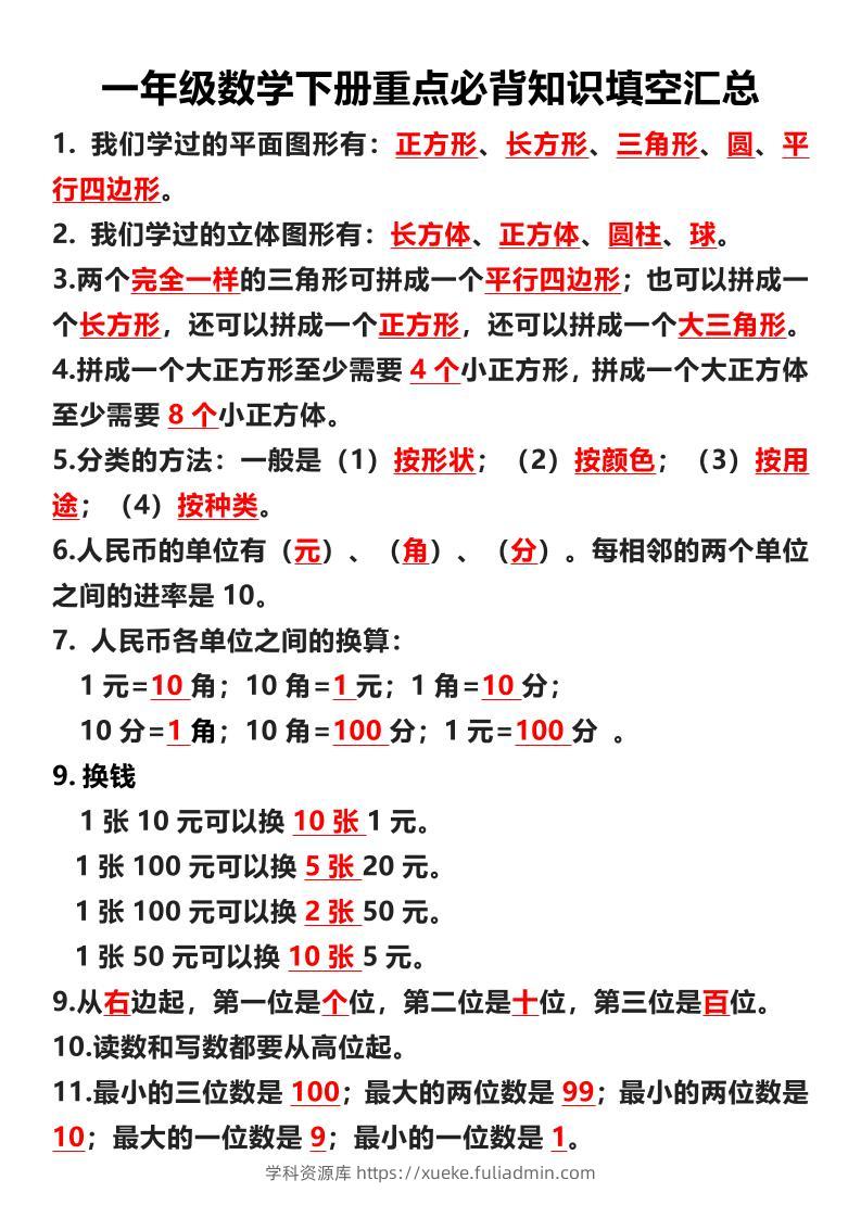 一年级下数学重点必背知识填空汇总-学科资源库