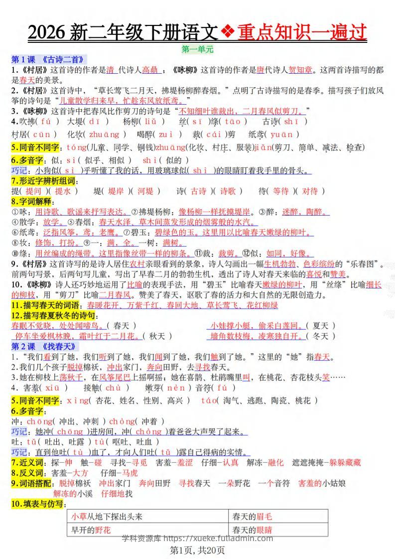 二年级下语文2026春重点知识一遍过-学科资源库
