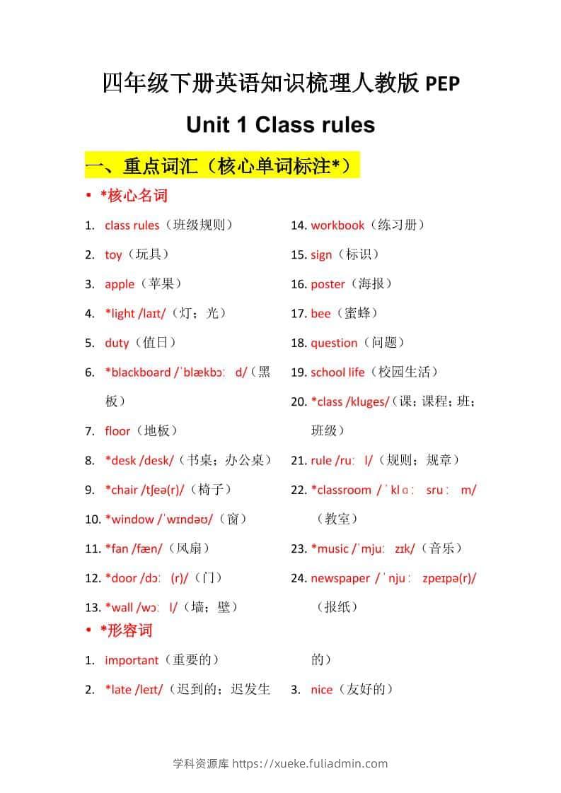 四年级下英语Unit1知识梳理+默写单《人教版PEP》-学科资源库