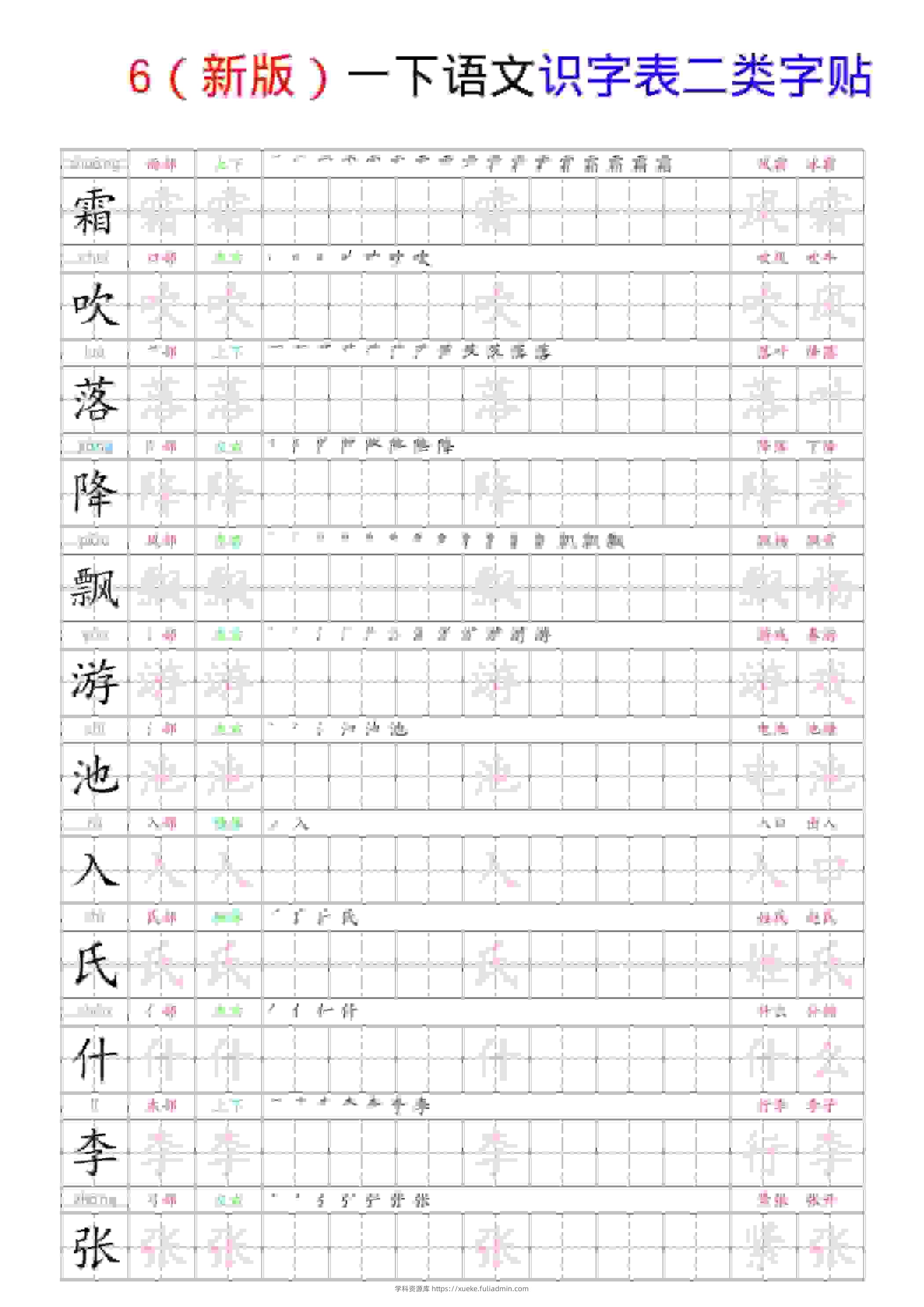一年级下语文识字表二类字贴-学科资源库