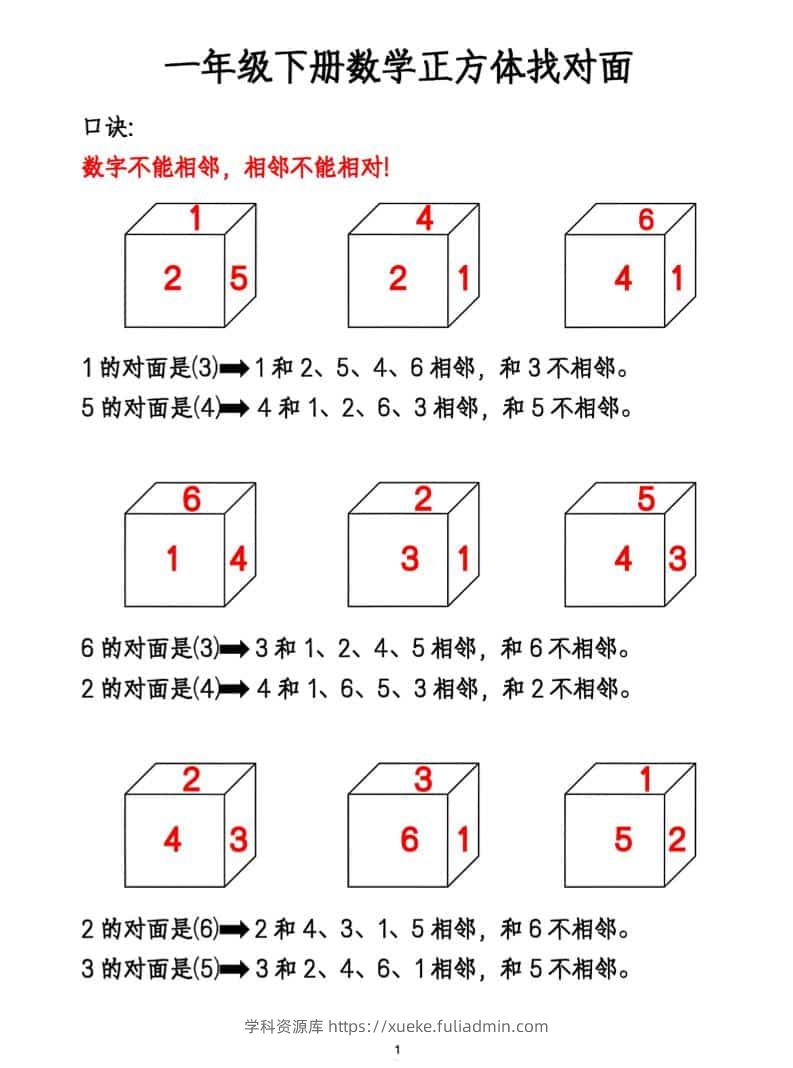 一年级下数学正方体找对面专项练2-学科资源库