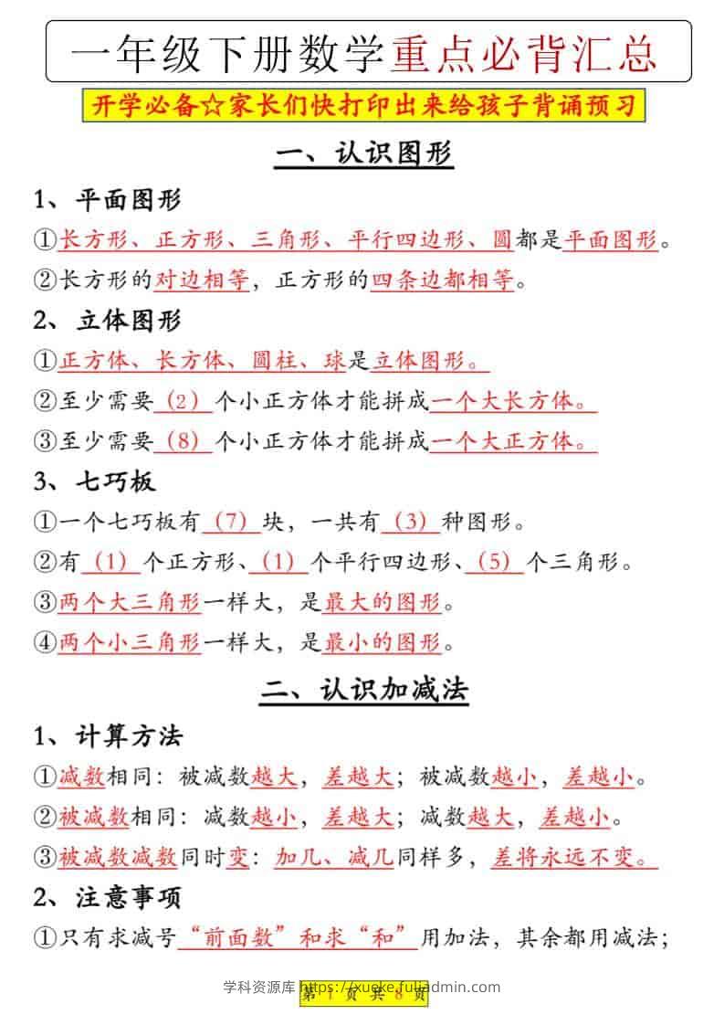 一年级下数学重点必背汇总-学科资源库