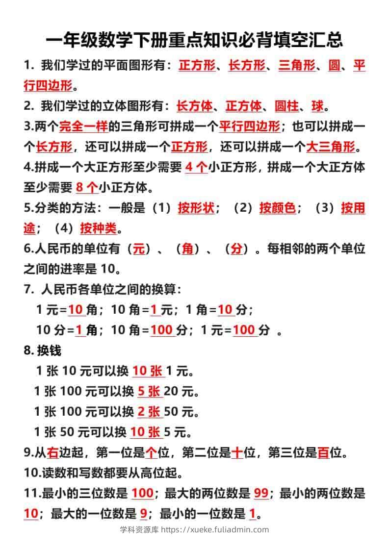 一年级下数学重点必背填空汇总-学科资源库