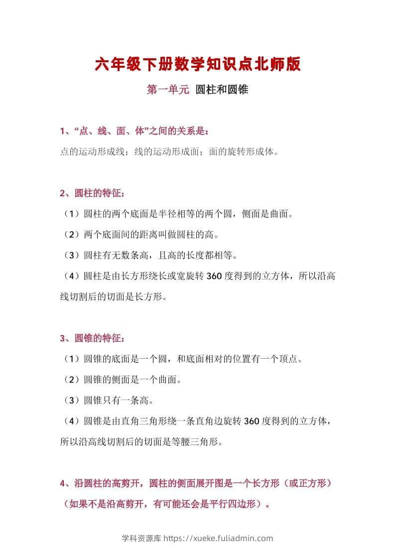 六年级下数学知识点汇总《北师版》-学科资源库