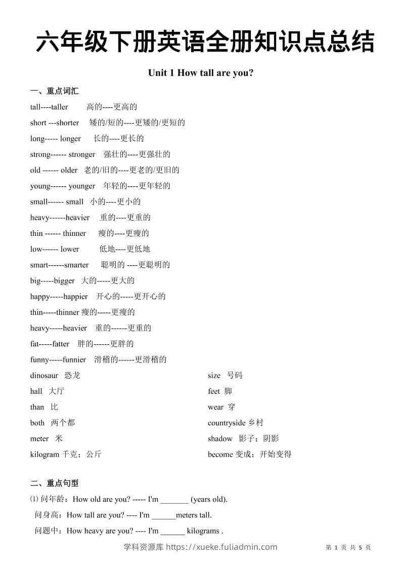 六年级下英语全册知识总结《人教版PEP》-学科资源库