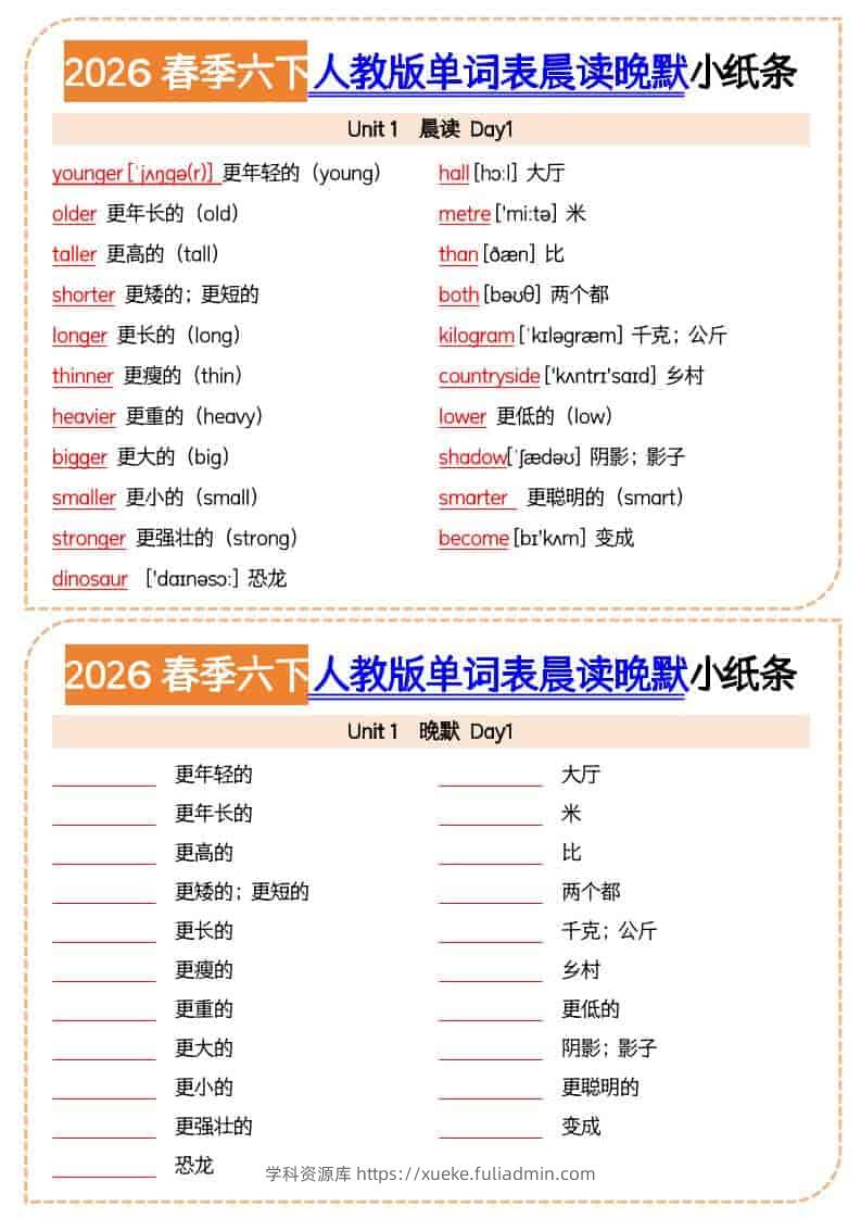 六年级下英语2026春晨读晚默小纸条《人教版》-学科资源库