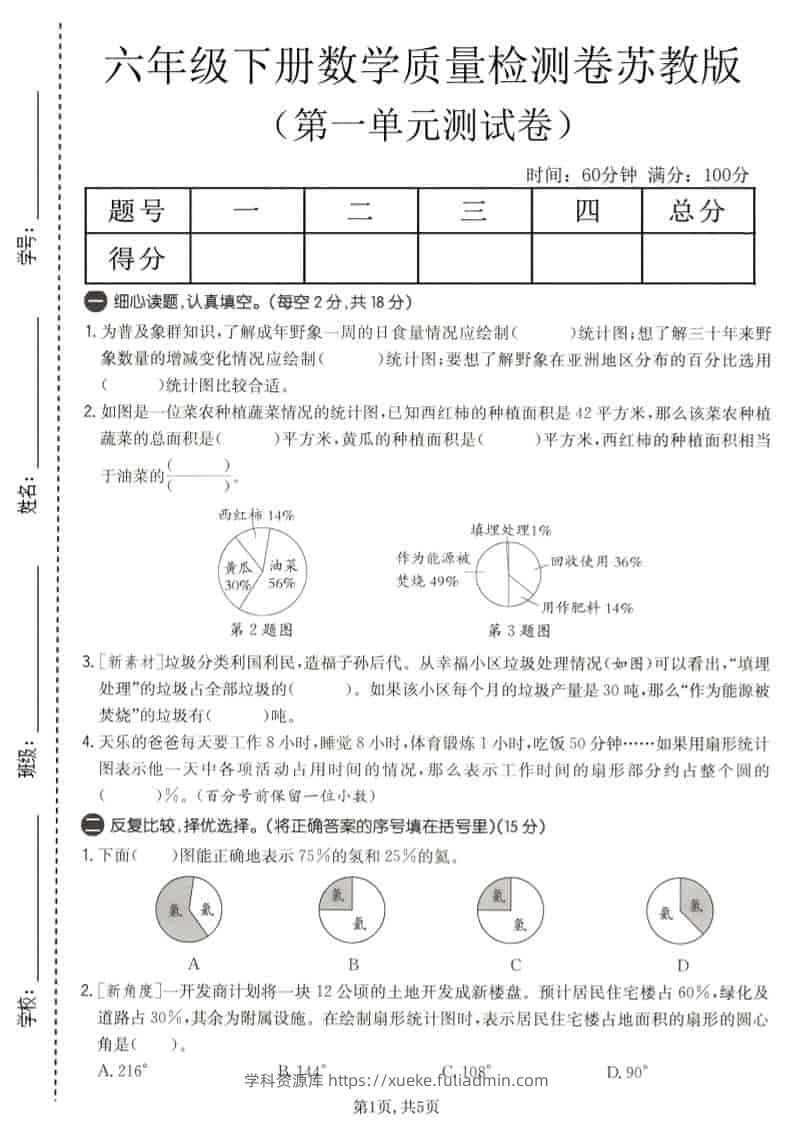 六年级下数学第一单元质量检测卷《苏教版》-学科资源库