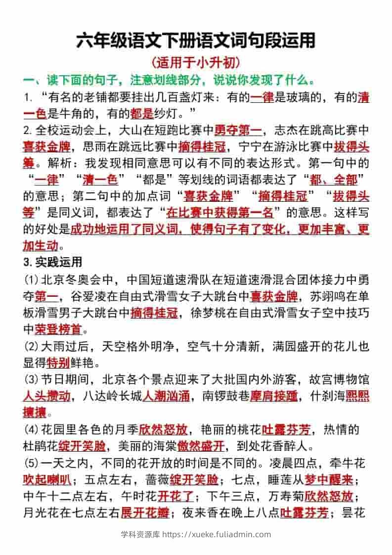 六年级下语文词句段运用专项汇总-学科资源库