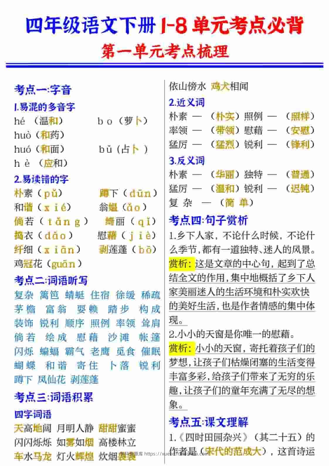 四年级(下）语文1-8单元考点必背-学科资源库
