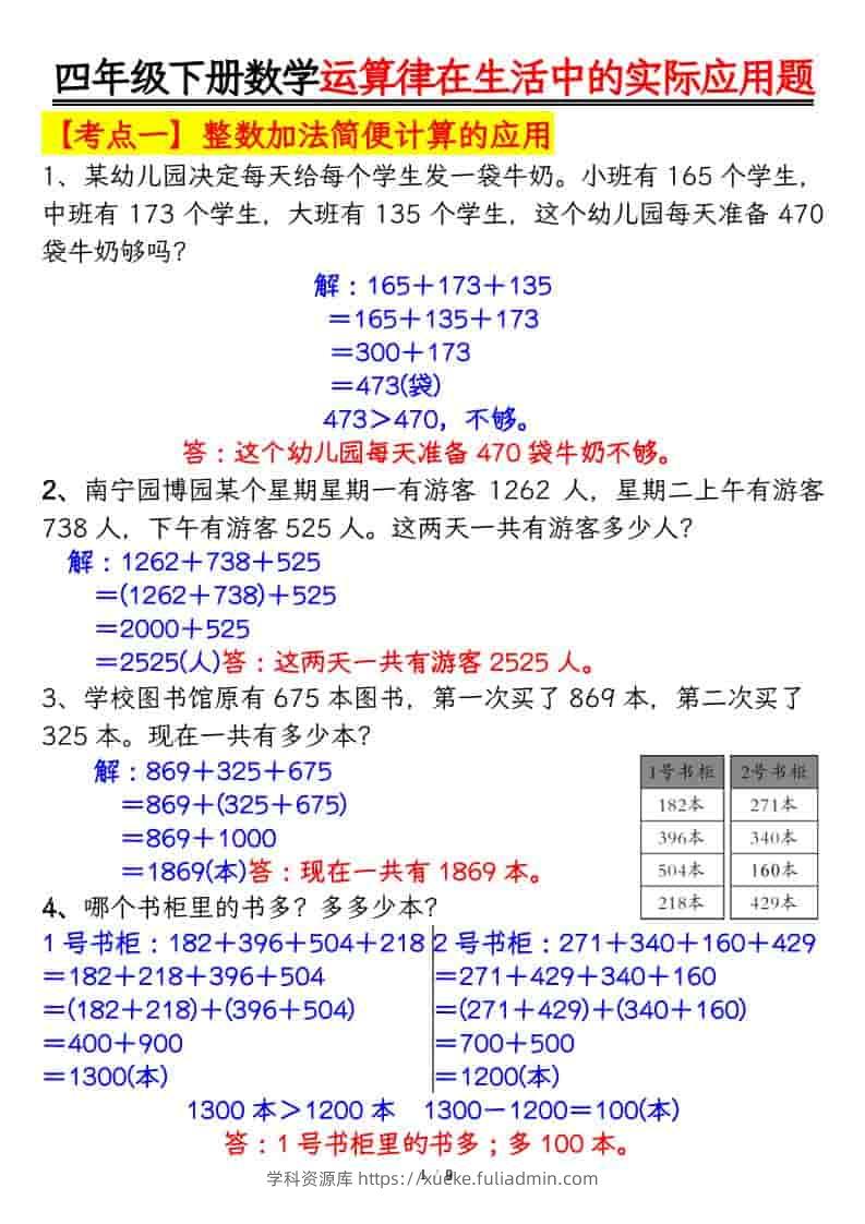 四年级下数学运算律的生活实际应用专项练习-学科资源库