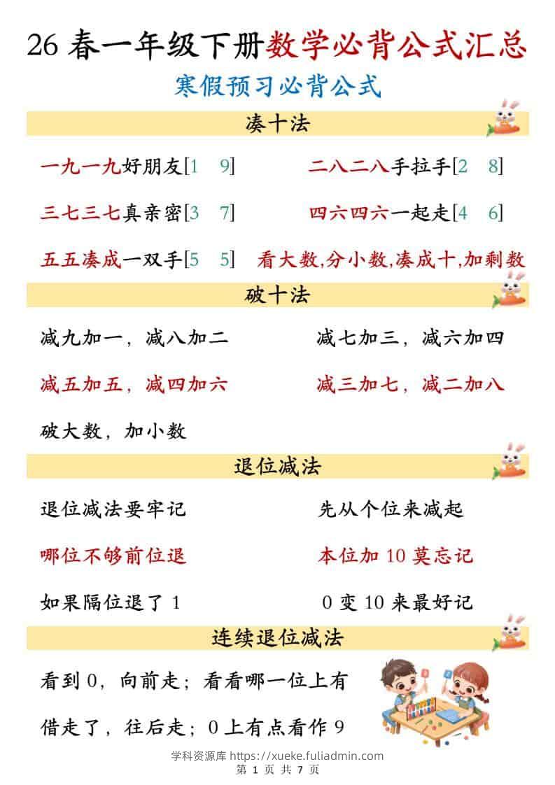 一年级下数学必背公式汇总-学科资源库