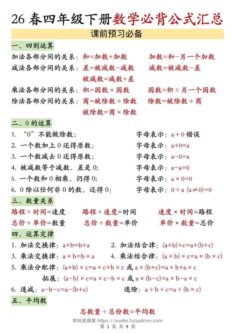四年级下数学26春必背公式汇总-学科资源库
