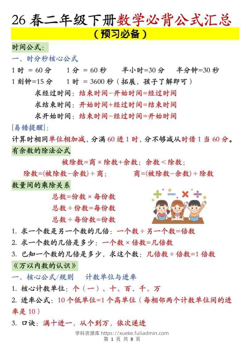 二年级下数学必背公式汇总《人教版》-学科资源库