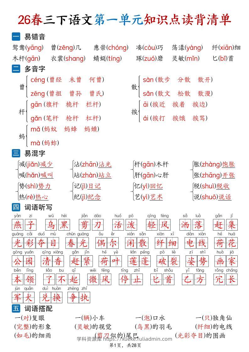 26新三年级下语文1-8单元知识点读背清单（28页）-学科资源库