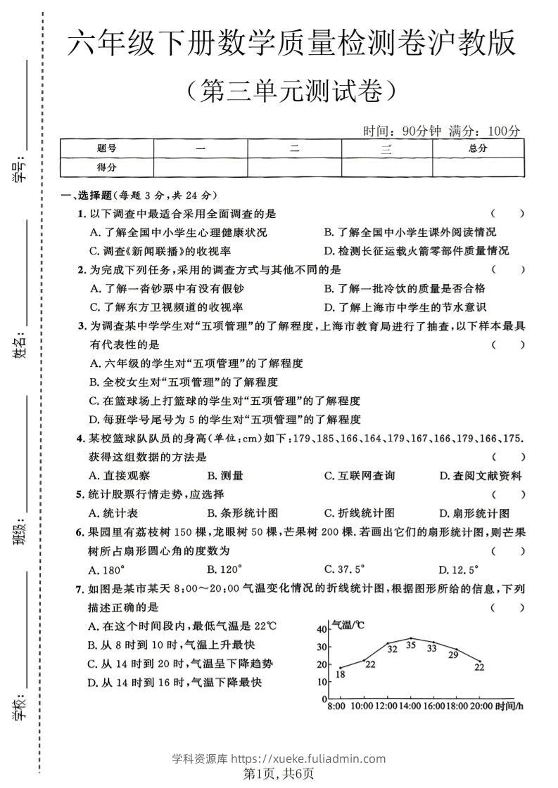 六年级下数学第三单元质量检测卷《沪教版》(2)-学科资源库