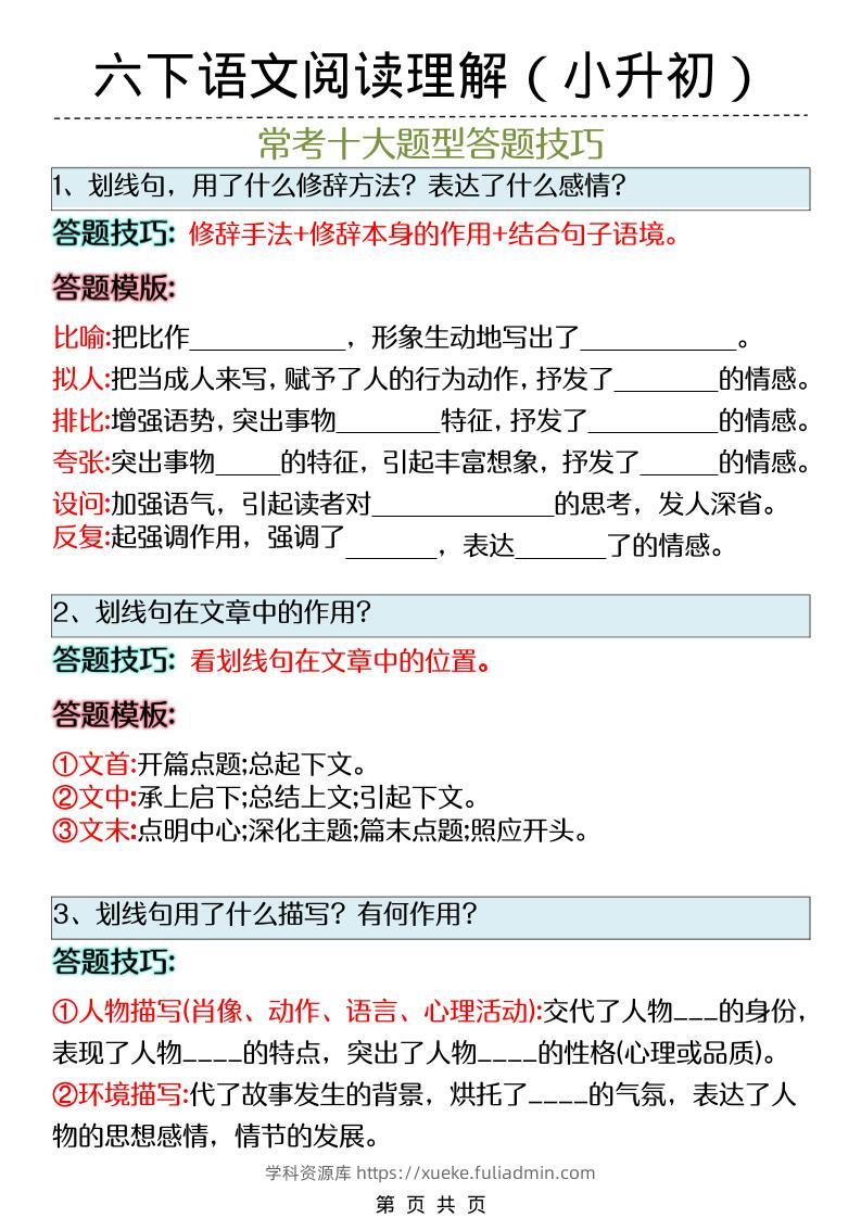 六年级下语文阅读理解答题技巧（小升初）-学科资源库