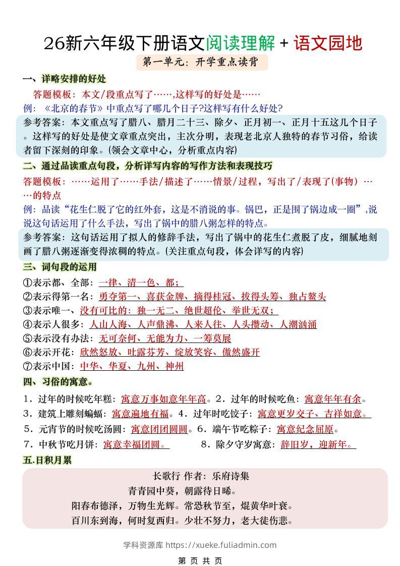 六年级下语文阅读理解＋语文园地-学科资源库
