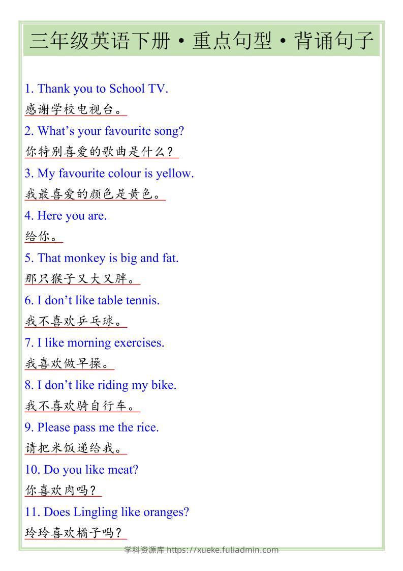 三年级下英语重点句型专项《人教版PEP》-学科资源库