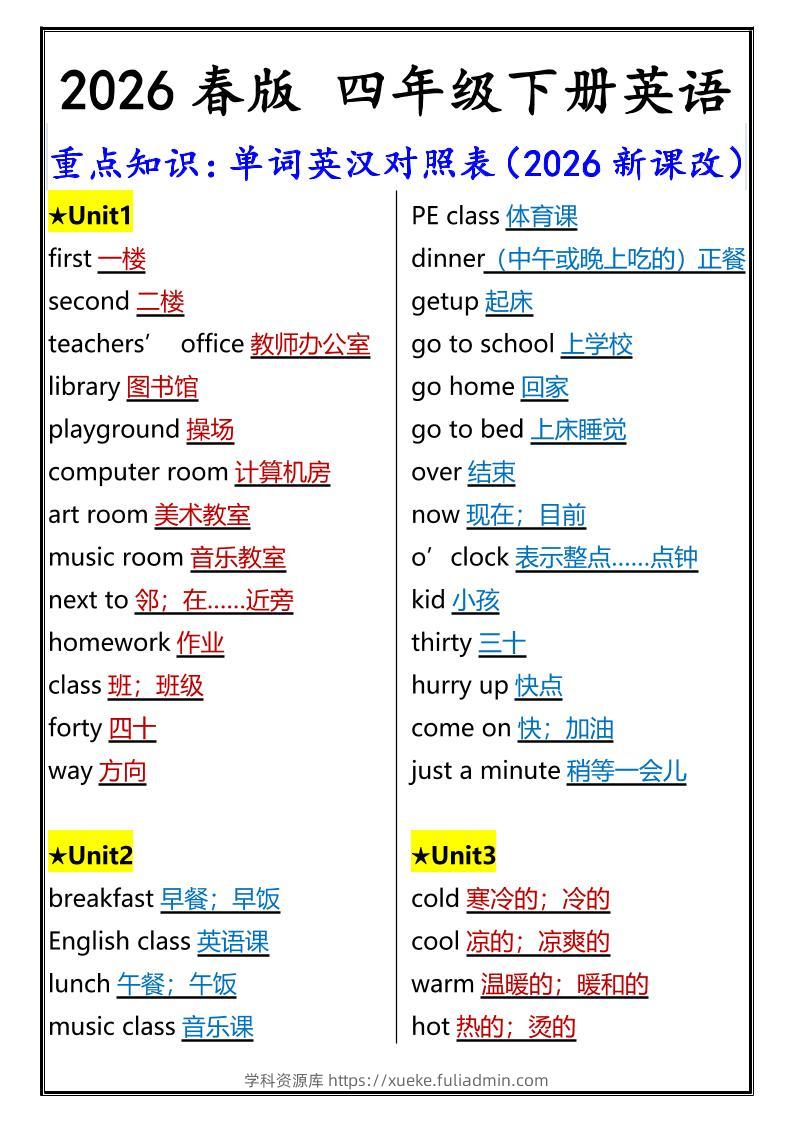 2026春新版四年级下英语重点知识：单词英汉对照表《人教版PEP》-学科资源库