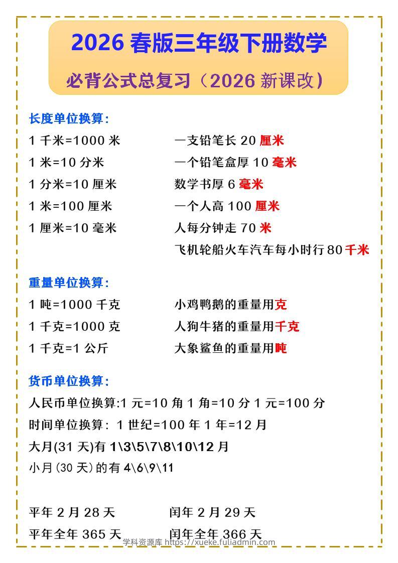 三年级下数学必背公式汇总《人教版》-学科资源库