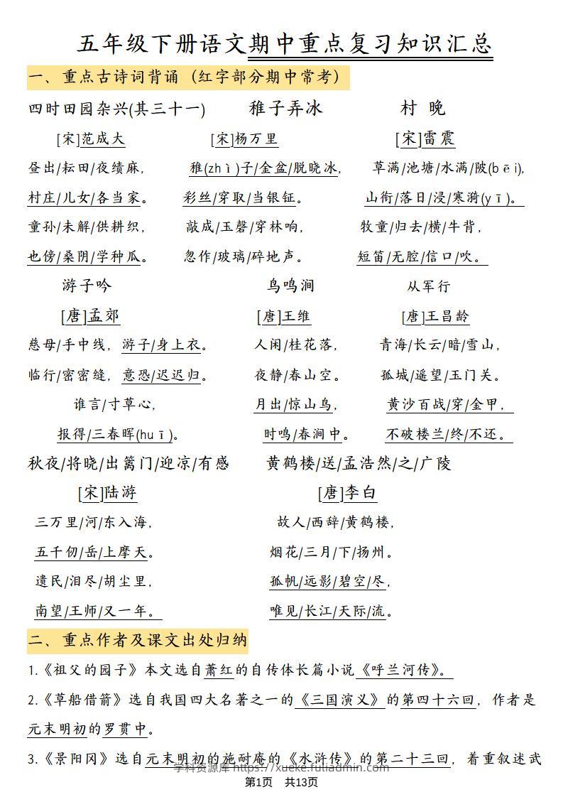 五年级下语文期中重点复习知识汇总-学科资源库