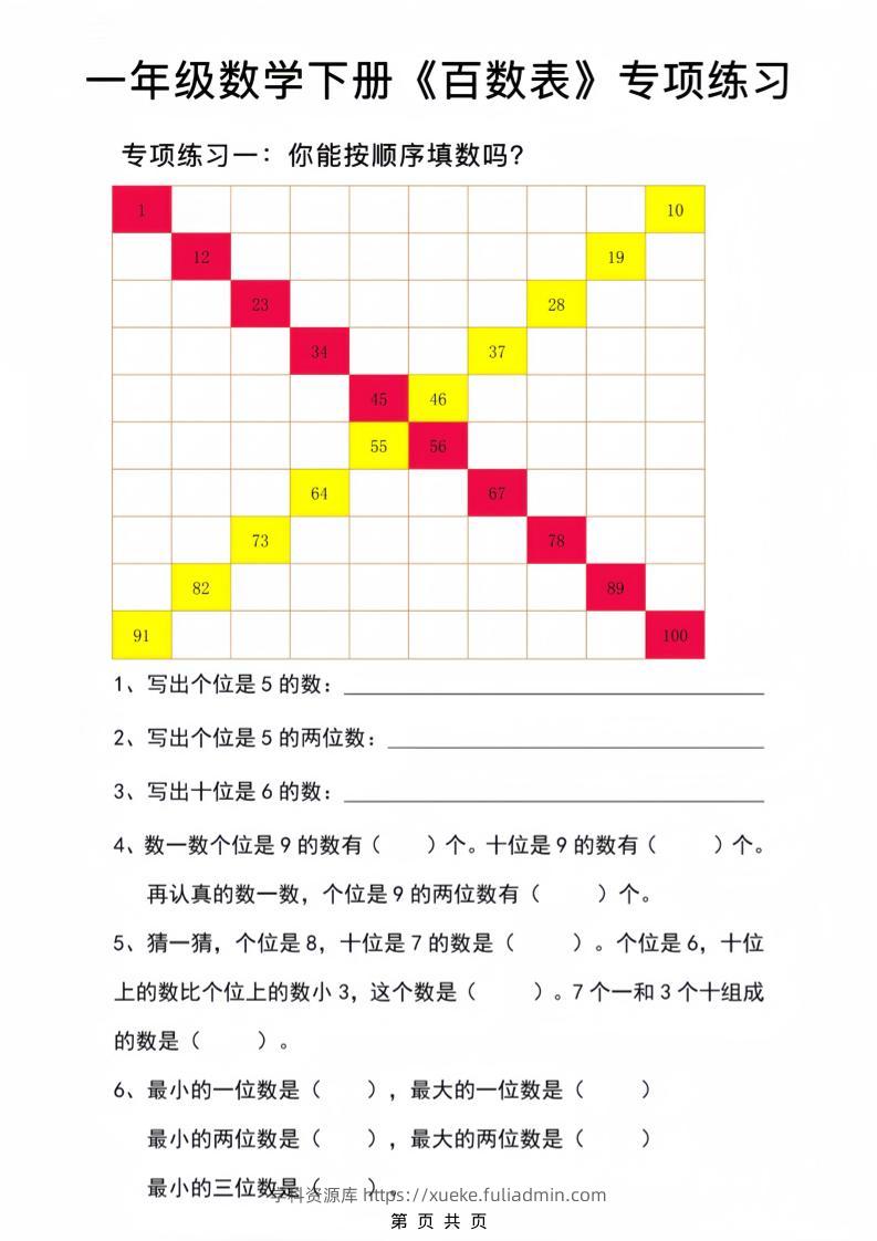 一年级下数学百数表专项练习2-学科资源库