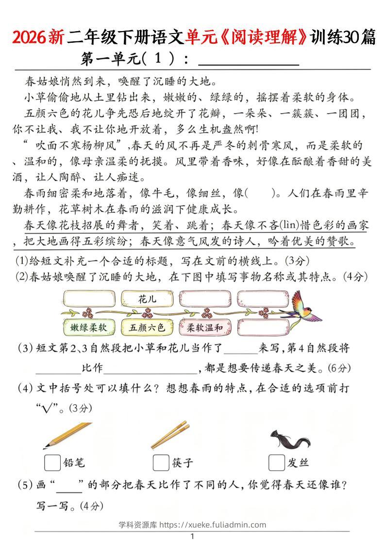 二年级下语文单元《阅读理解》训练30篇-学科资源库