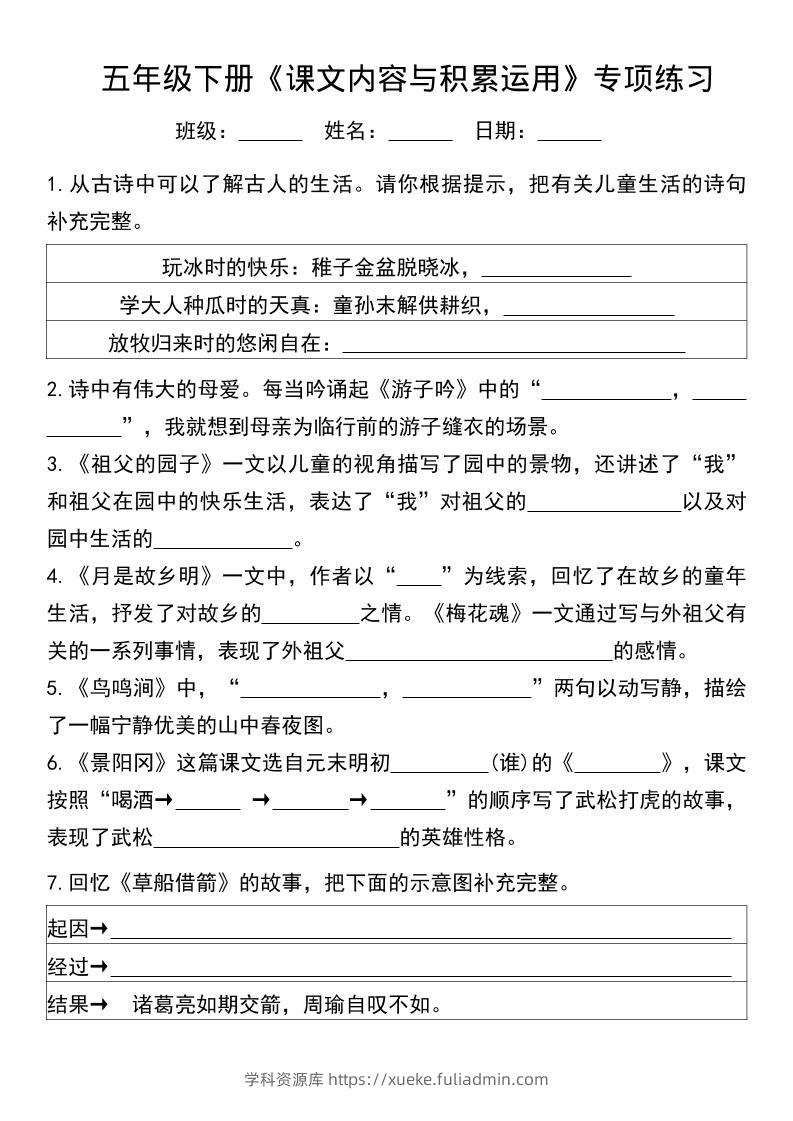 五年级下语文课文内容与积累运用专项练习-学科资源库