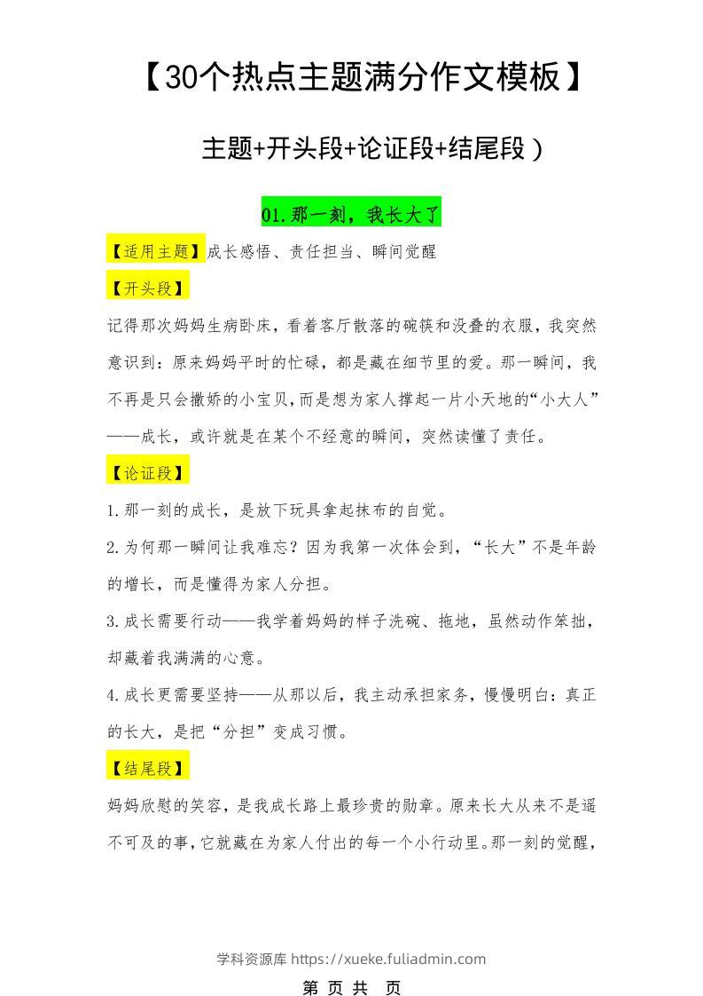 六年级下语文30个主题作文模板-学科资源库
