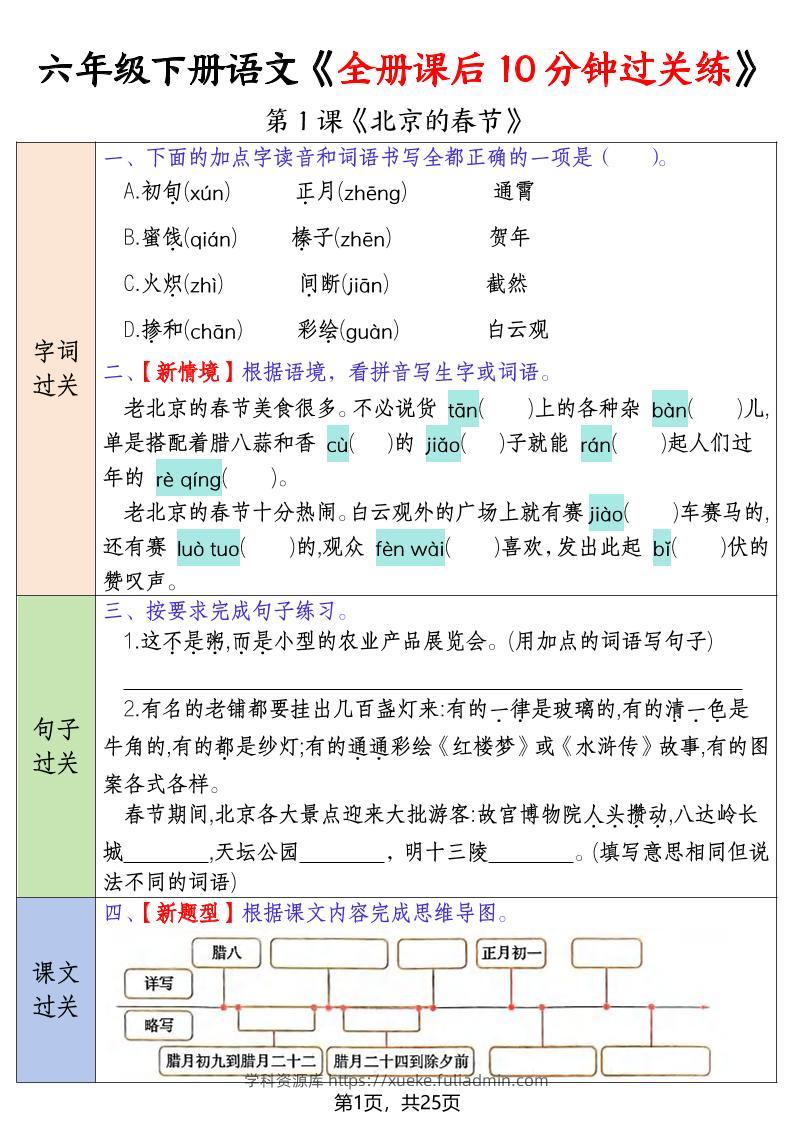 六年级下语文全册课后10分钟过关练-学科资源库