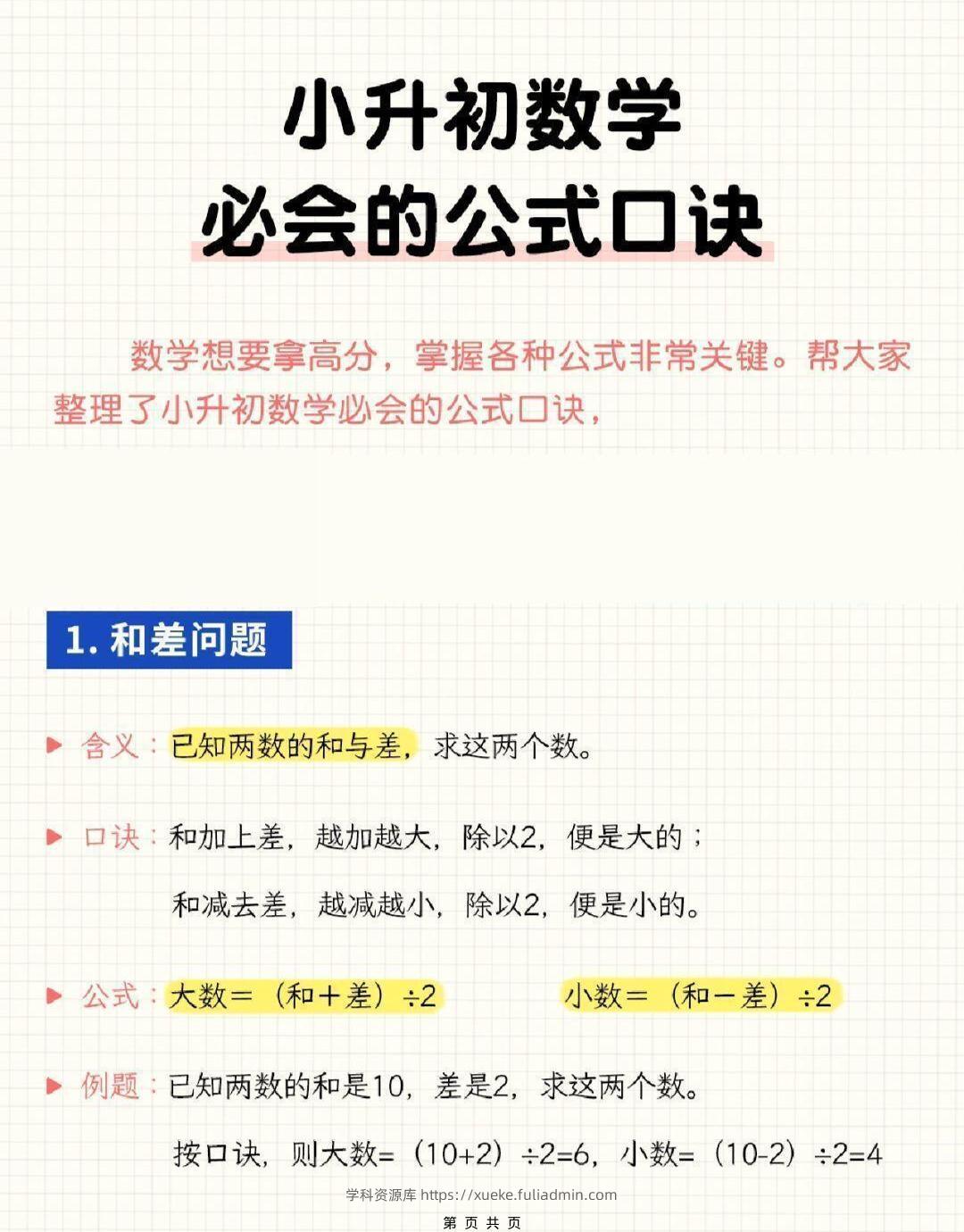 六年级下小升初数学必会的公式口诀-学科资源库