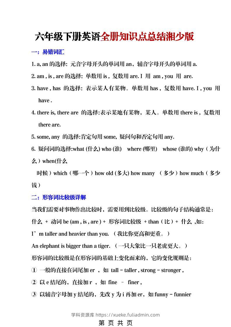 六年级下英语全册知识点总结《湘少版》-学科资源库