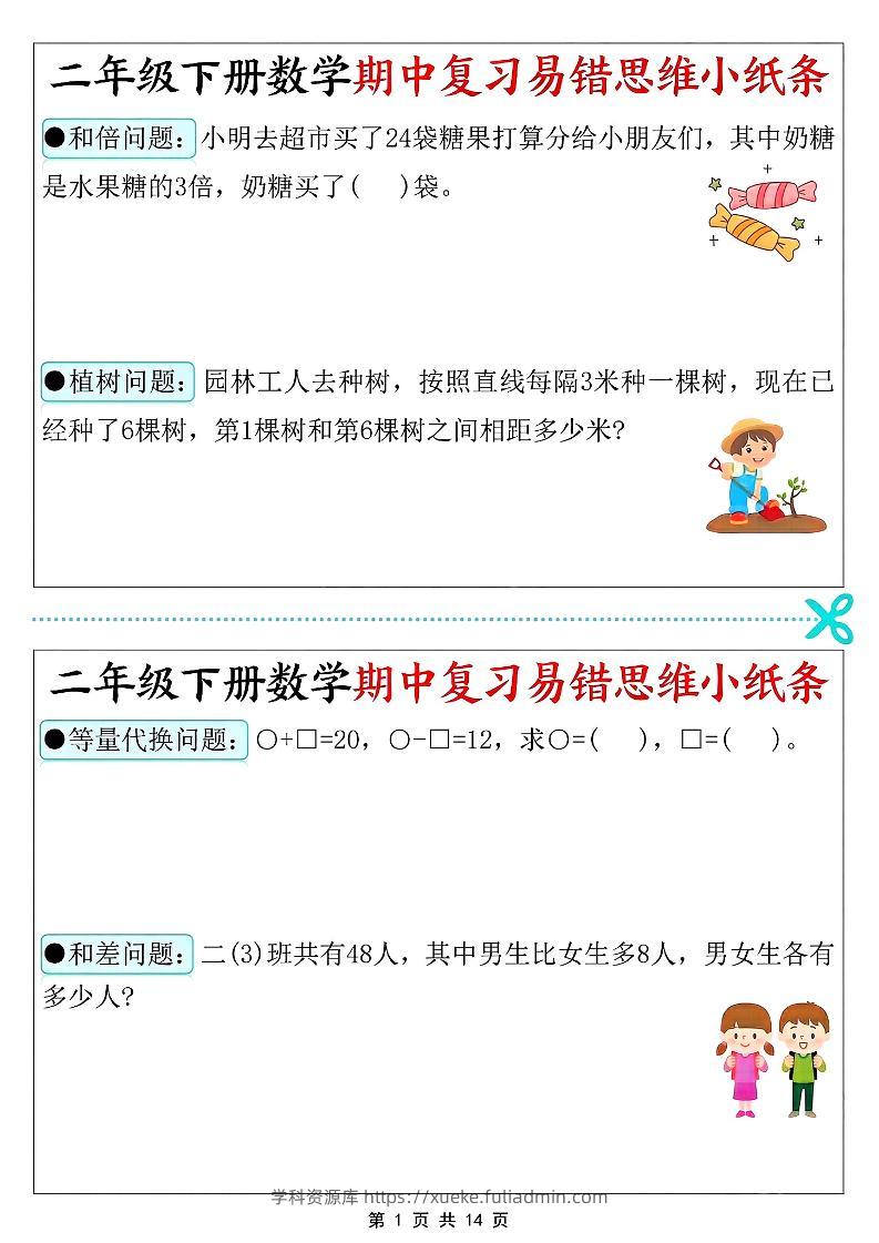 二年级下数学期中复习易错思维小纸条-学科资源库