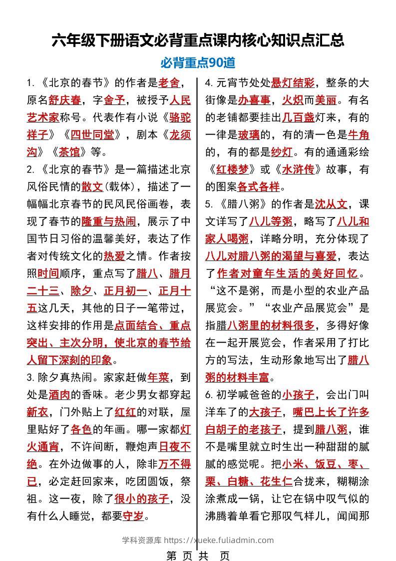 六年级下语文必背重点课内核心知识点汇总90道-学科资源库