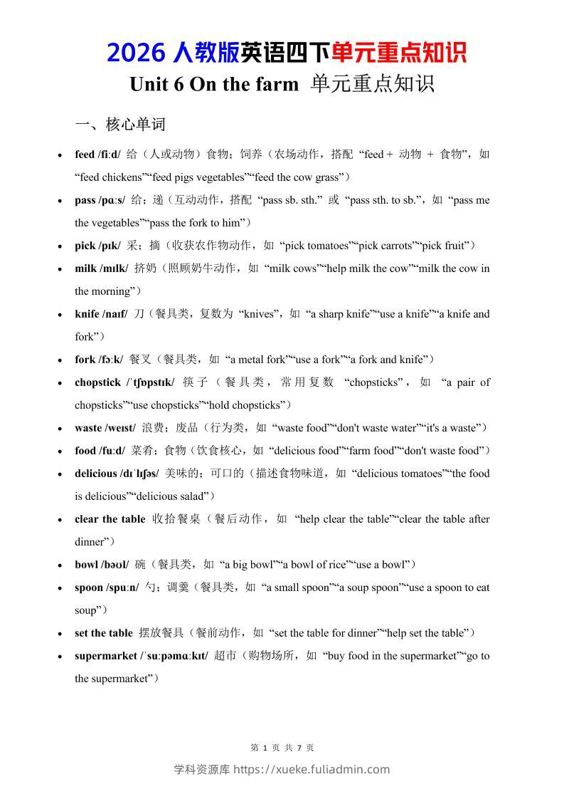 四年级下英语Unit6重点知识汇总《人教版PEP》-学科资源库
