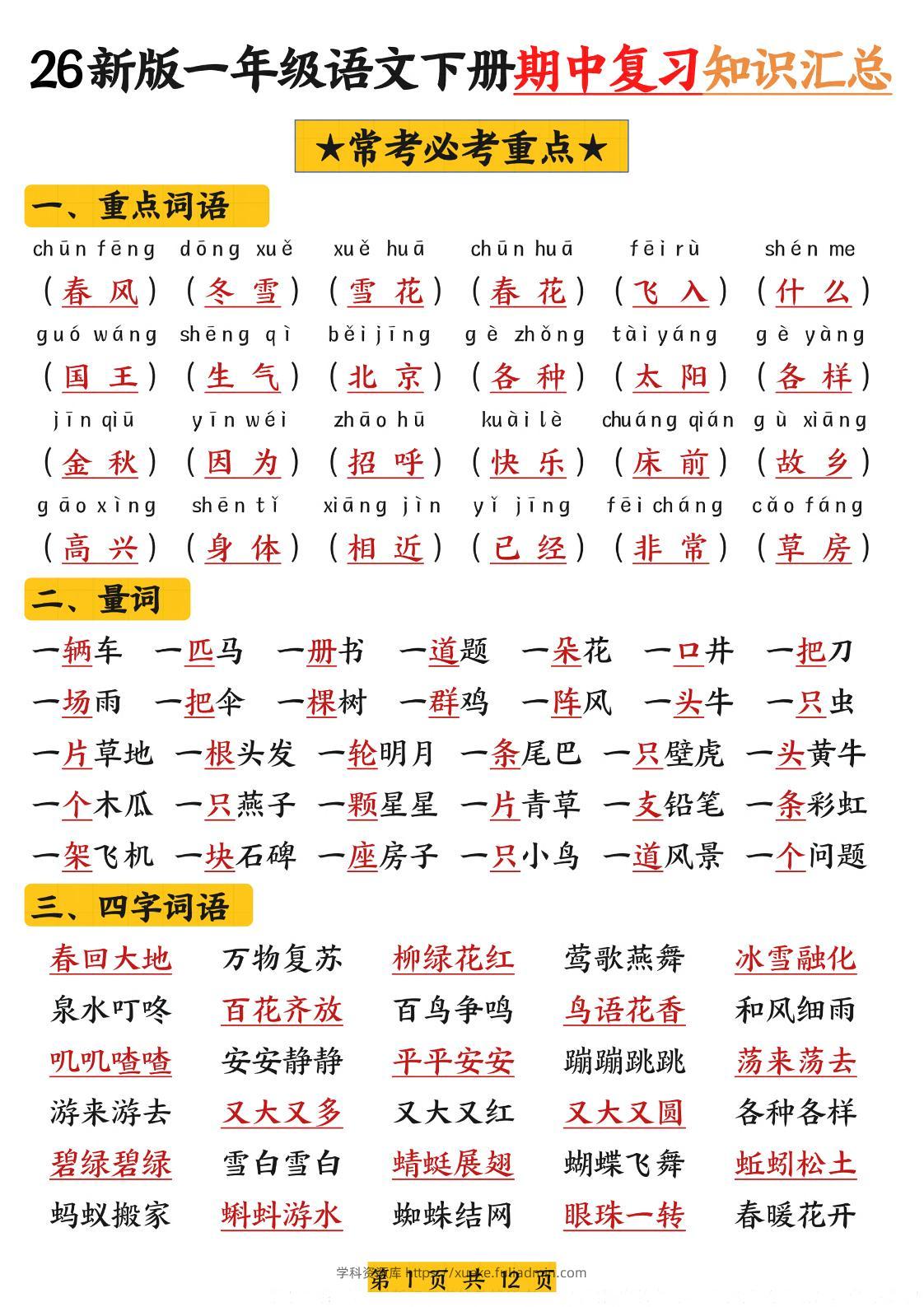 26新版一年级语文下册期中复习知识汇总-学科资源库