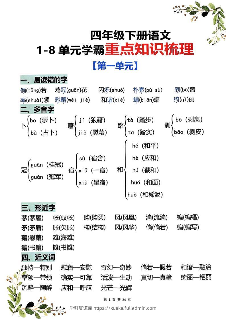 四年级下语文1-8单元学霸重点知识梳理-学科资源库
