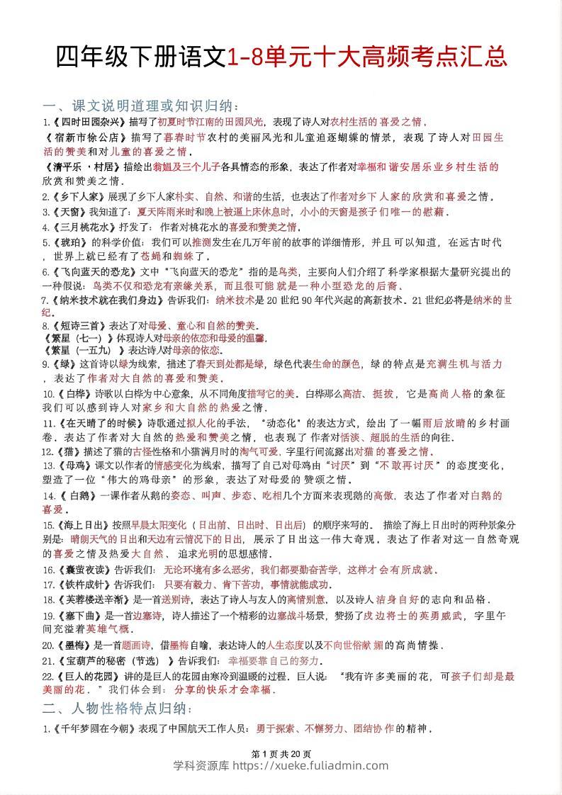 四年级下语文1-8单元十大高频考点汇总-学科资源库