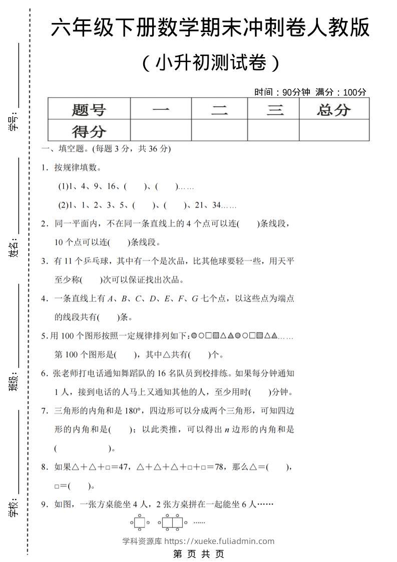 六年级下数学期末小升初冲刺卷《人教版》-学科资源库