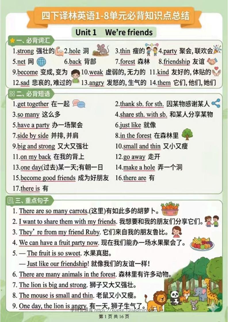 四年级下英语1-8单元知识点汇总《译林版》-学科资源库